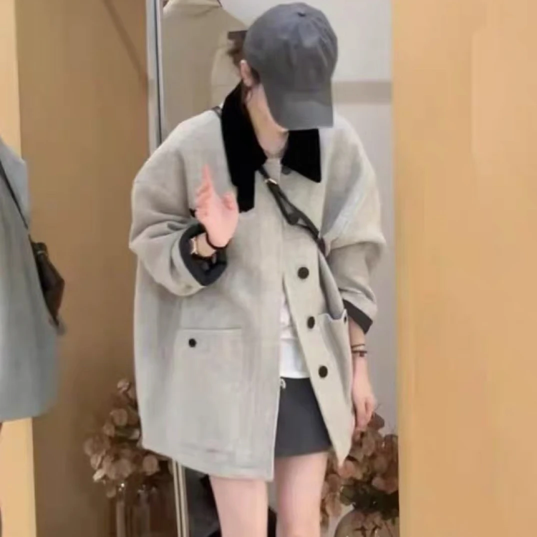 韩系撞色翻领中长款加棉外套女2025秋冬新款宽松显瘦百搭气质上衣