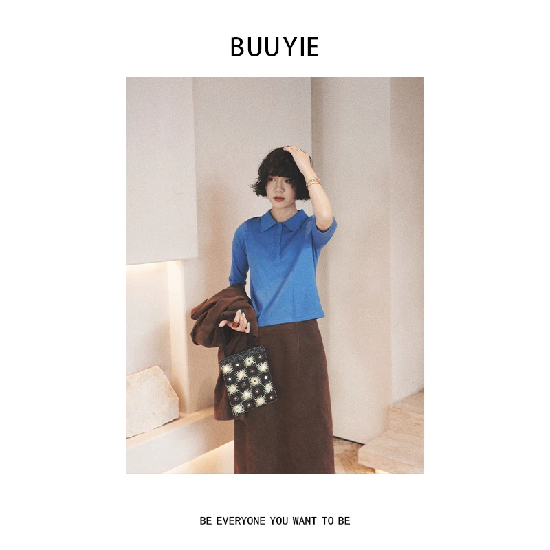 BUUYIE 25SS【芽青】时尚设计师百搭洋气极简蓝色短袖针织衫 250306