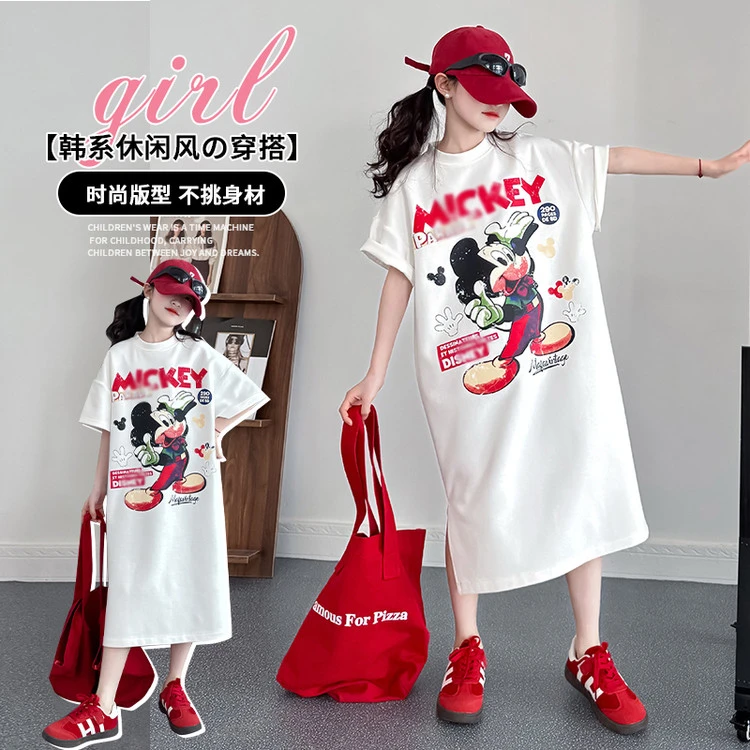 韩版中女大童纯棉长款时尚T恤裙2025夏季亲子针织裙子印花连衣裙