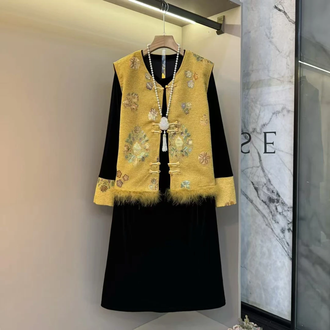 2025秋上新欧货提花设计新中式优雅复古显瘦气质马甲+连衣裙25916