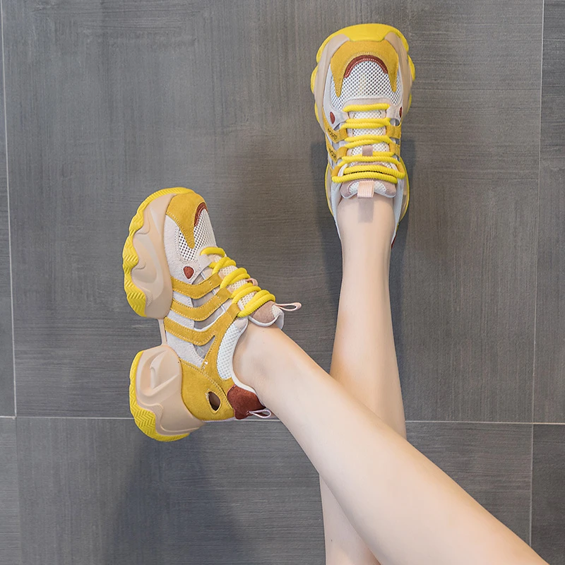 欧若风增高老爹鞋女2025夏季新款时尚百搭圆头网鞋厚底轻奢女鞋子