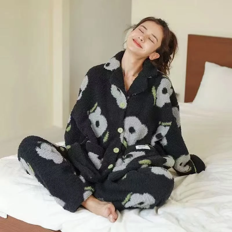 2024女款睡衣慕斯暖绒秋冬甜美保暖豹纹可外穿长袖套装女家居服