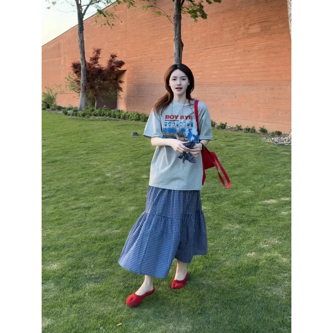 网红时尚炸街女装千金清冷感贵系洋气衣服百搭灰色T恤蓝色裙子