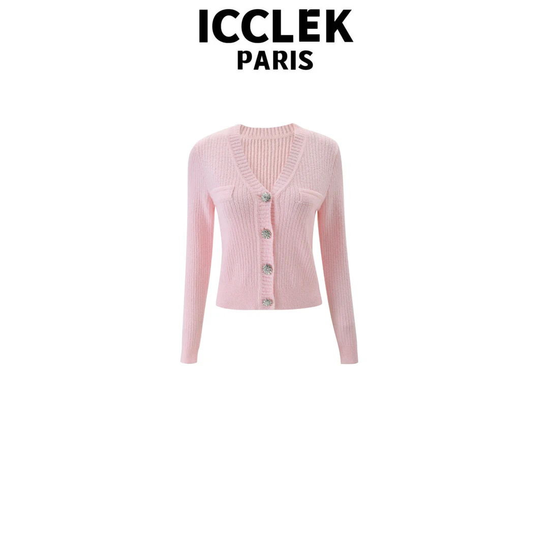 ICCLEK  粉色开襟针织半袖短袖时尚夏季春夏减龄显瘦上衣  -9040