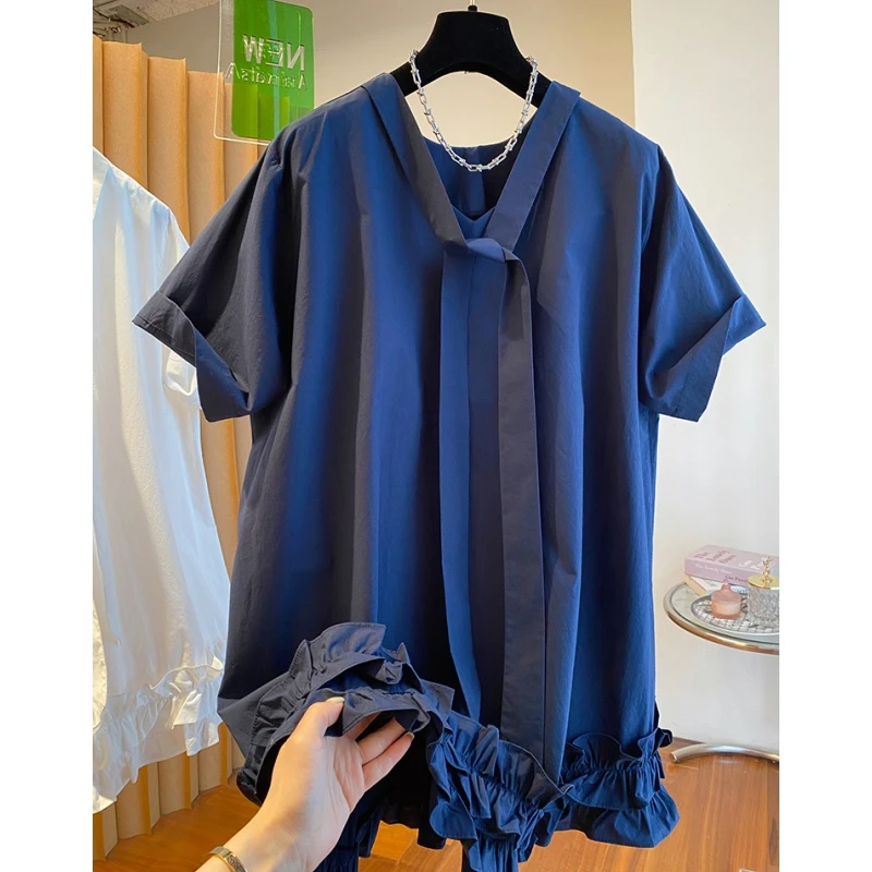 法式飘带V领连衣裙女短袖2025夏季新款宽松绝美下摆木耳边衬衫裙