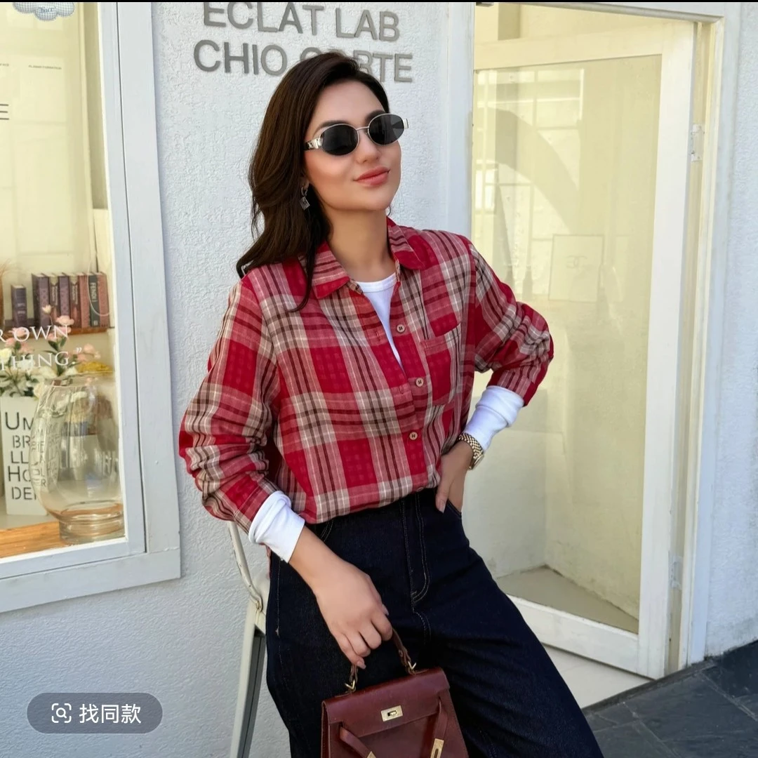 新款薄款百搭时尚休闲格子防晒衬衫女春夏上衣