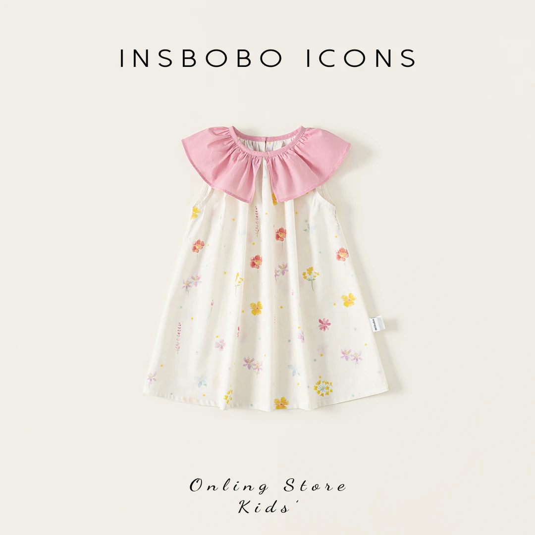 XQ25355【夏】儿童裙子（可爱花边领收褶满印无袖连衣裙）