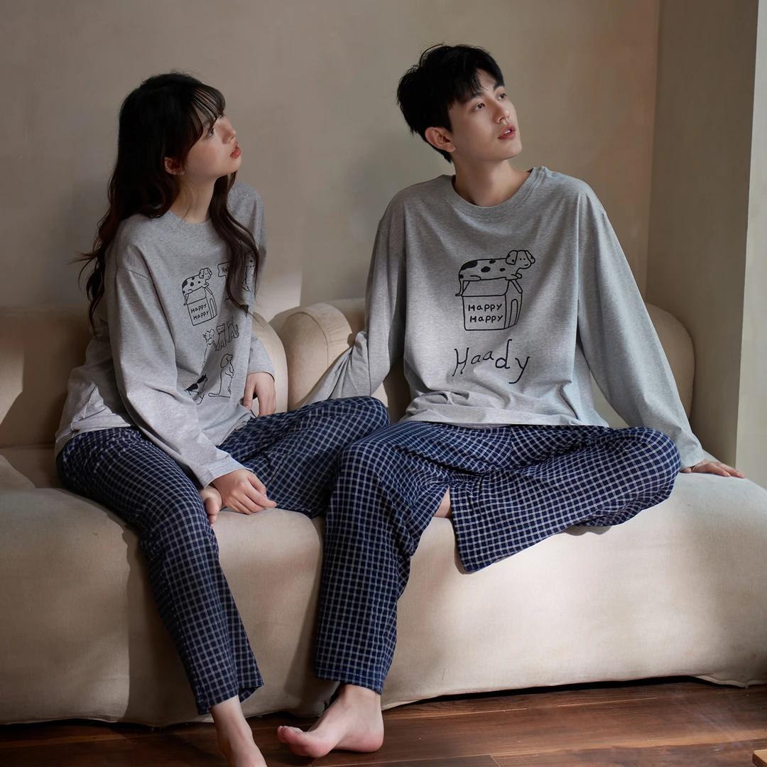 思莉太太【恋爱小狗】情侣睡衣女春秋纯棉长袖格子长裤男士休闲套装