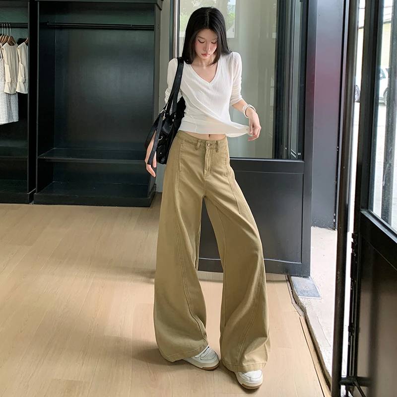 卡其色阔腿弯刀裤秋冬女新款高腰宽松显瘦垂感拖地直筒裤子