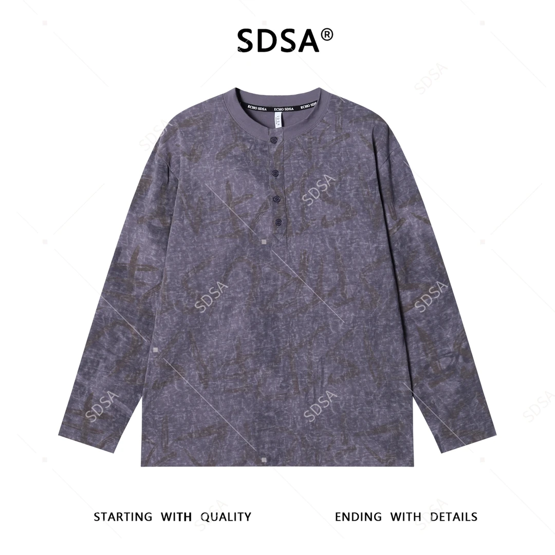 SDSA男士秋冬新款痞帅男装港风复古扎染半纽扣圆领长袖T恤网红款