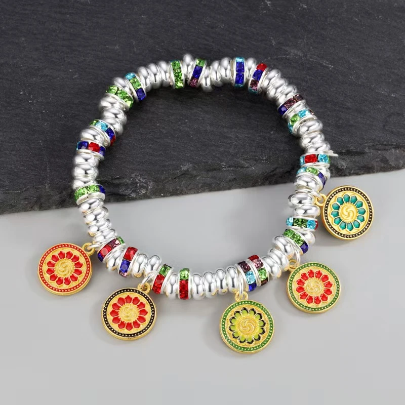 足银手链 999.9彩钻日进斗金碎银子五路财神盘缠手链