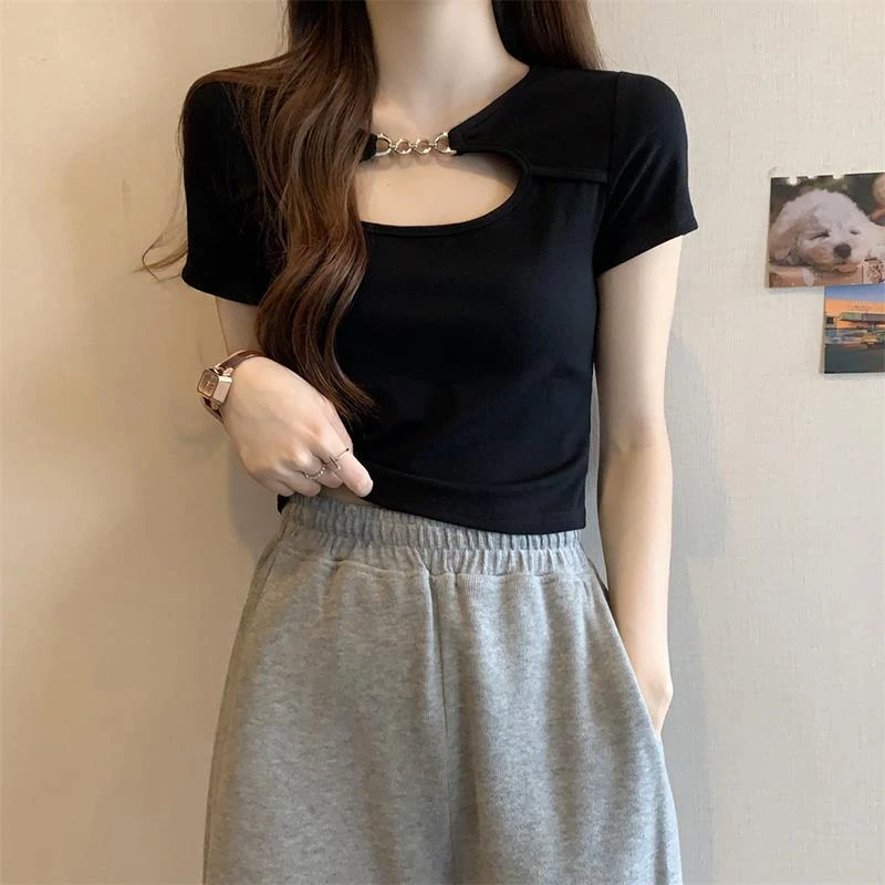 哥弟阿玛施正品大码镂空正肩短袖t恤女2025新款夏季胖mm甜辣风法