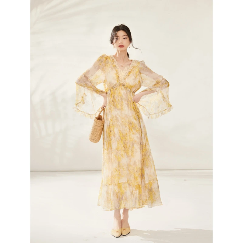 真丝连衣裙春季新款高端气质桑蚕丝仙女度假长裙