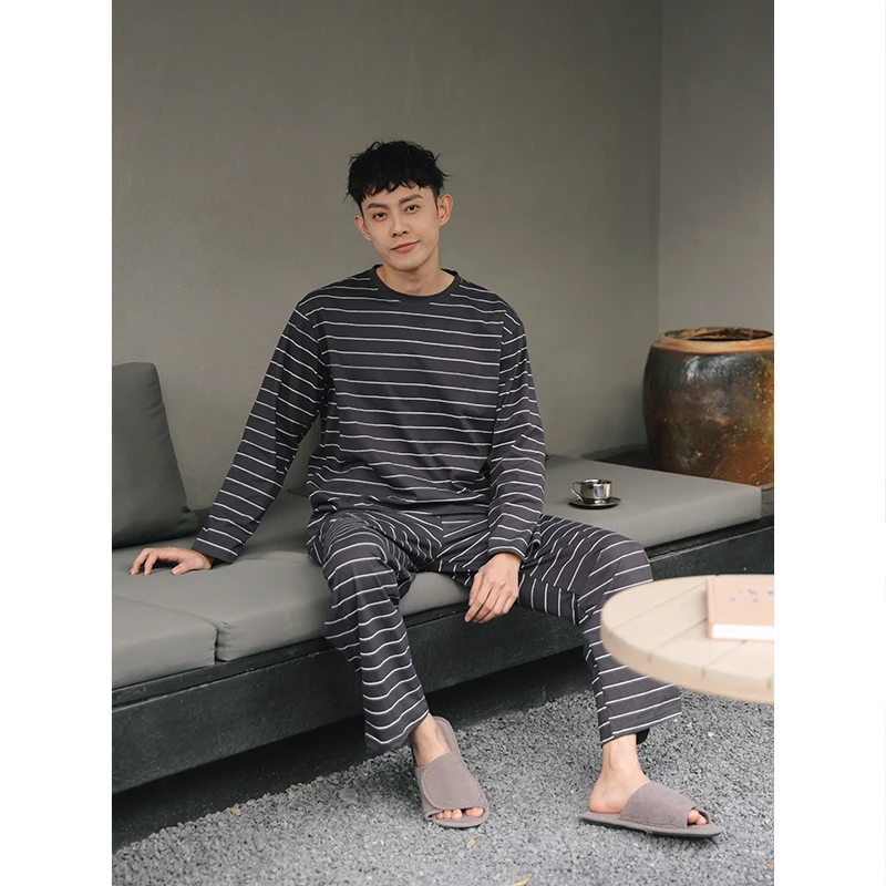 睡衣男士纯棉薄款夏季长袖圆领休闲条纹可外穿春秋家居服套装