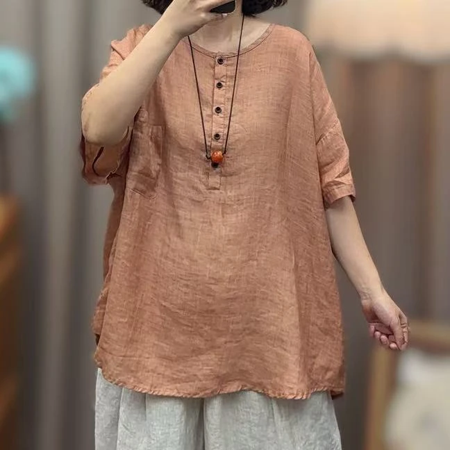 2446夏季新款圆领苎麻纽扣衬衫短袖T恤