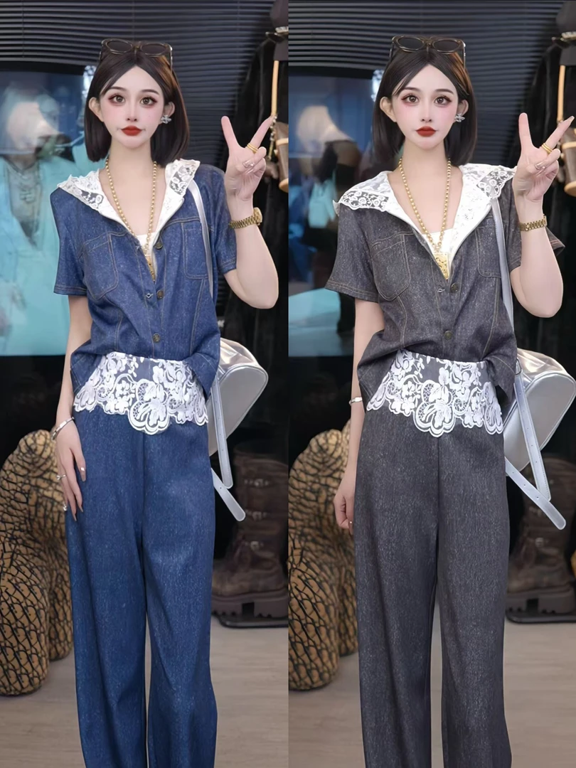 2025 法式复古牛仔套装女夏季蕾丝拼接马甲背心高腰阔腿裤两件套