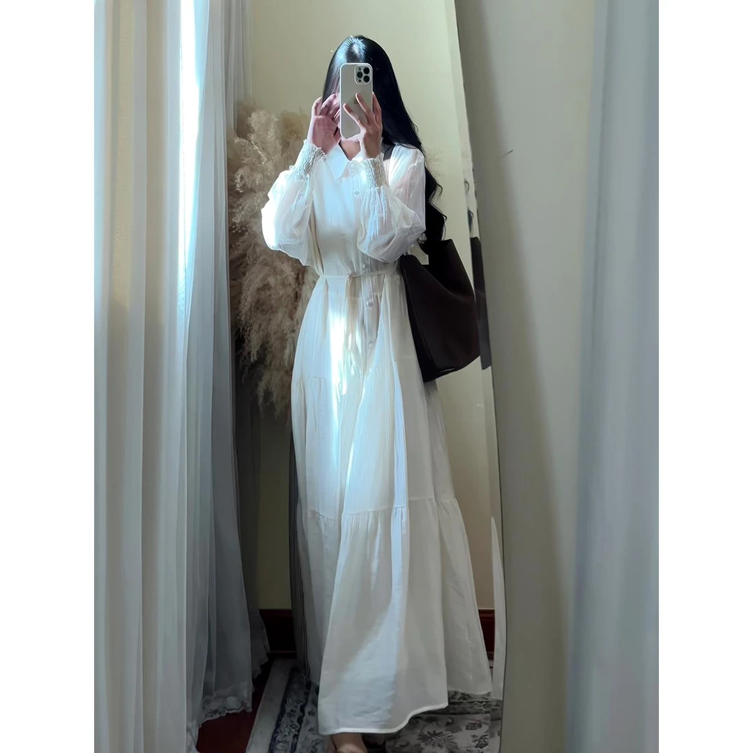 VOCKOO官方娃娃领白色连衣裙2025年春秋新款法式气质收腰显瘦a字