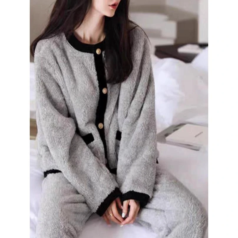 2025新款秋冬季珊瑚绒睡衣加绒加厚保暖时尚甜美小香风家居服套装