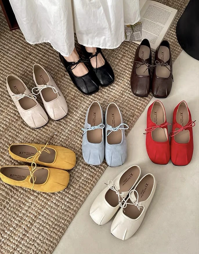 AIWEINI 复古褶皱圆头一字带玛丽珍鞋平底芭蕾舞鞋浅口单鞋