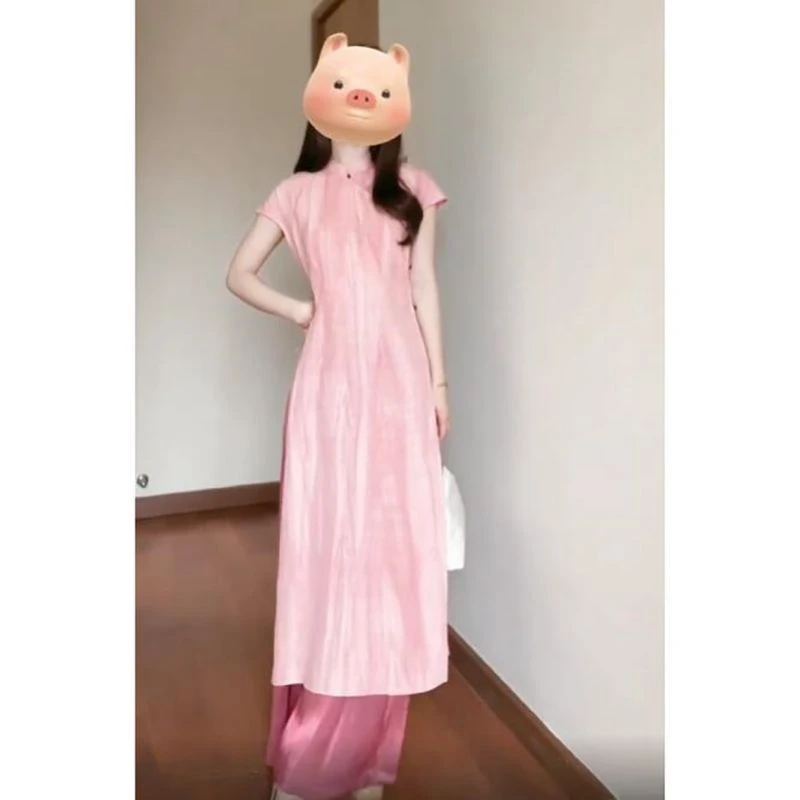 新中式女装复古粉色通勤旗袍连衣裙半裙两件套仙气飘逸茶艺师套装