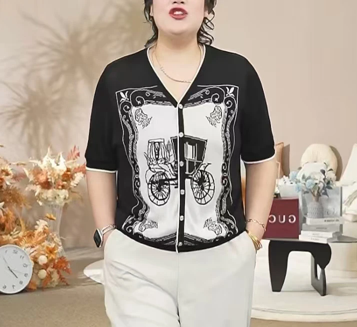 90-200斤100莱赛尔天丝复古老爷车提花假开衫短袖百搭老钱风女装