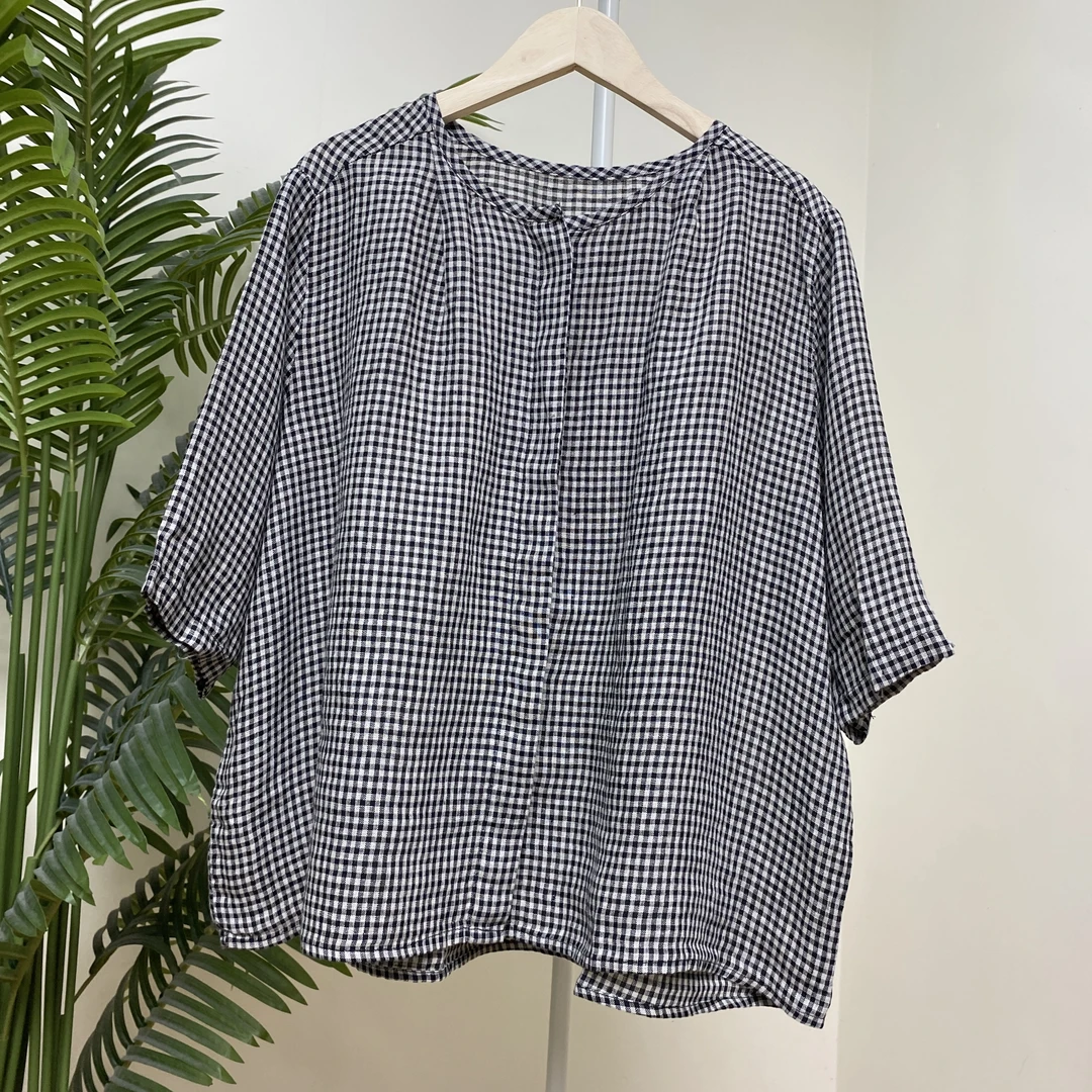 【黄金纱雨露亚麻】4028 黑白格暗门襟短袖衬衫