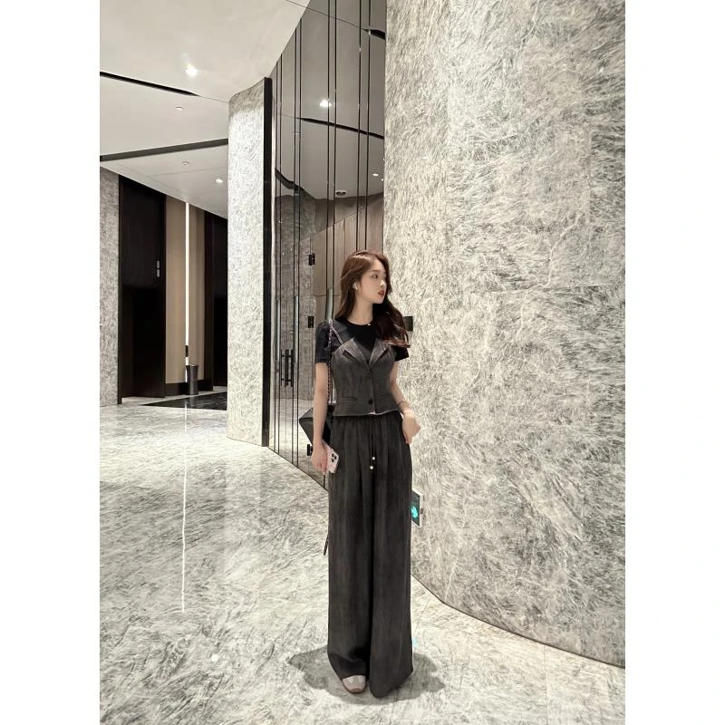 LUOZHIYIN/罗知音【T10039X】灰色显瘦时尚百搭修身上衣+裤子