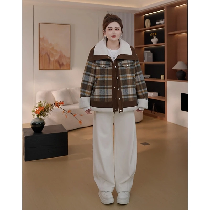 【胖佳佳】摩登格纹 冬季加绒加厚撞色翻领羔毛外套女H625Z18772