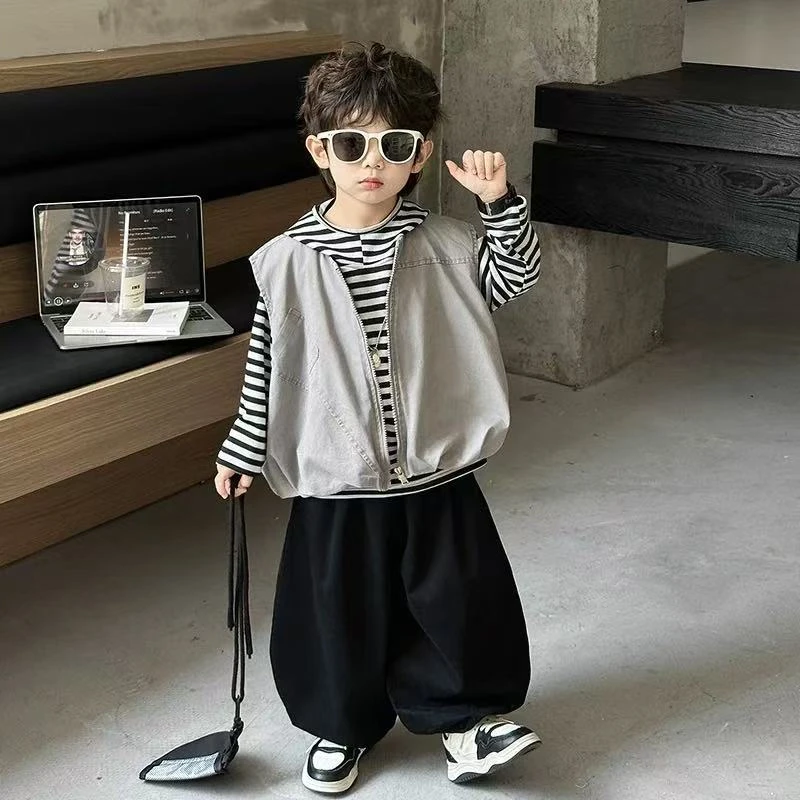 男童春秋套装2025新款韩版儿童秋装马甲三件套宝宝男孩酷帅衣服潮