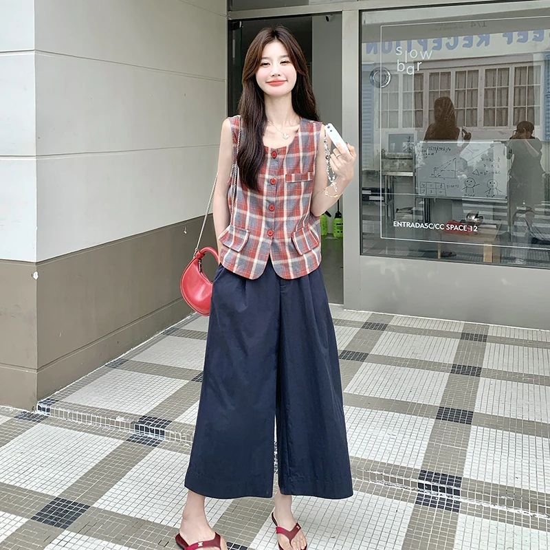 夏日穿搭套装女2025新款韩系复古气质巨好看格子马甲阔腿裤两件套