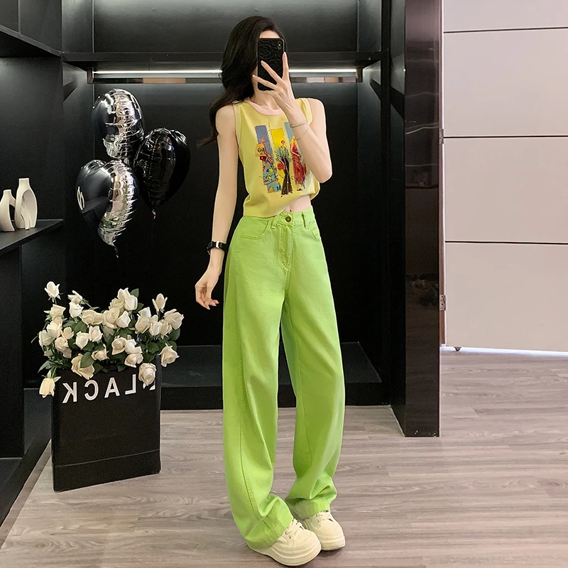 宽松运动套装女夏季2025洋气减龄时尚背心绿色牛仔阔腿裤两件套潮