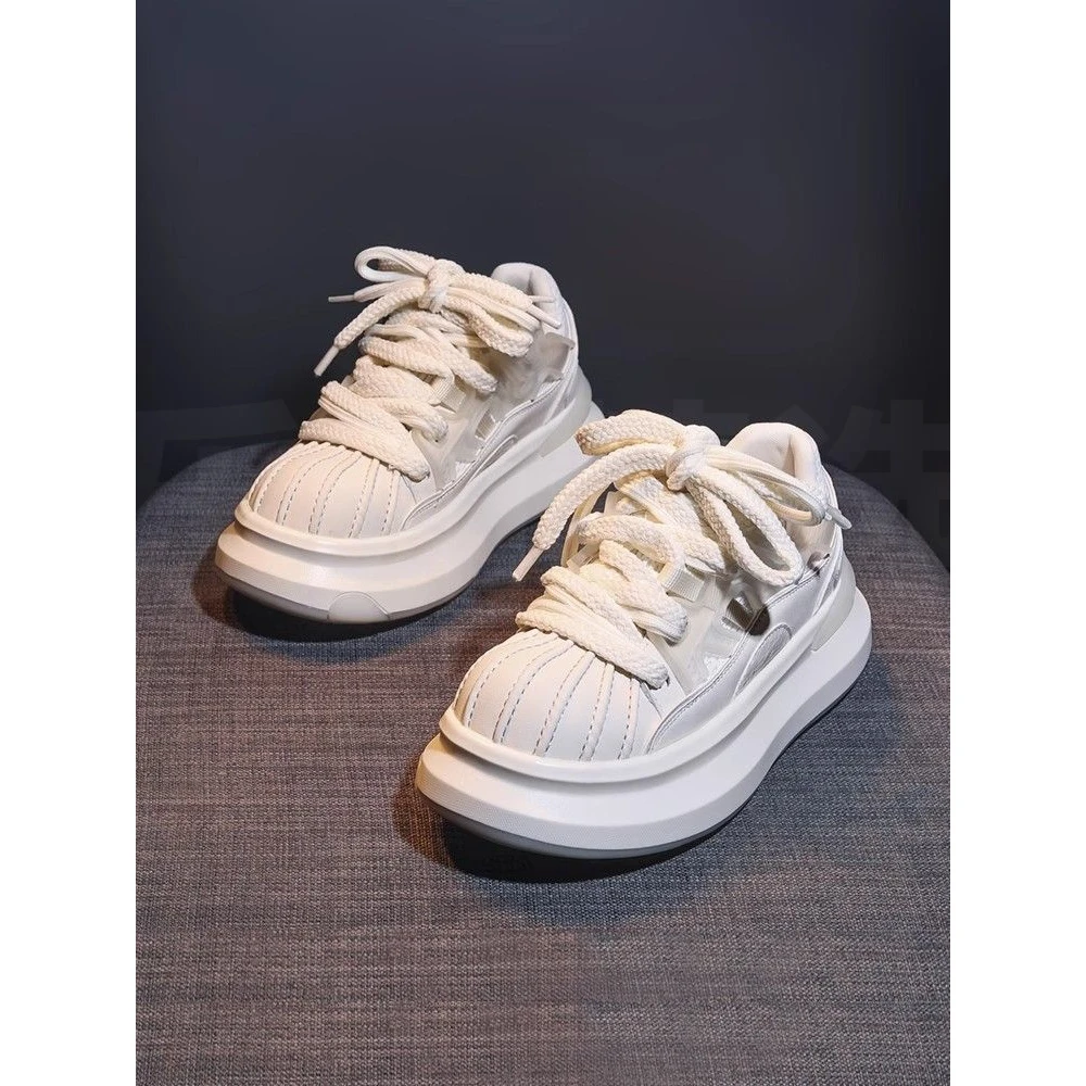 透气厚底潮鞋女2025夏季新款设计师款小众拼色贝壳鞋网面休闲板鞋