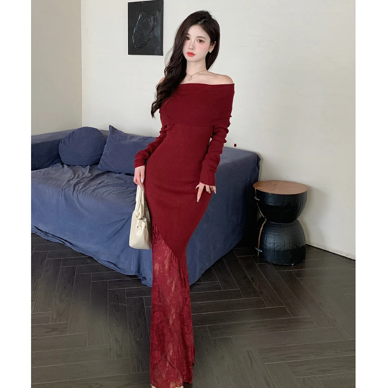 早秋修身显瘦蕾丝拼接针织一字肩打底内搭连衣裙网红洋气炸街女装