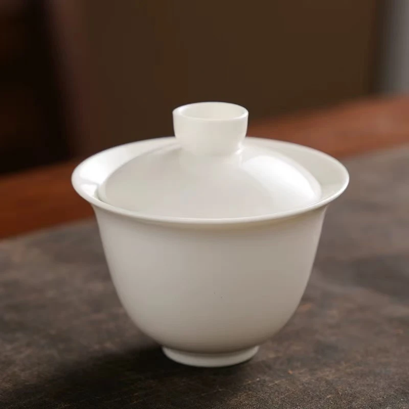 谦杯 羊脂玉两财盖碗B9006手工家用陶瓷纯白茶盖碗小盖碗描金