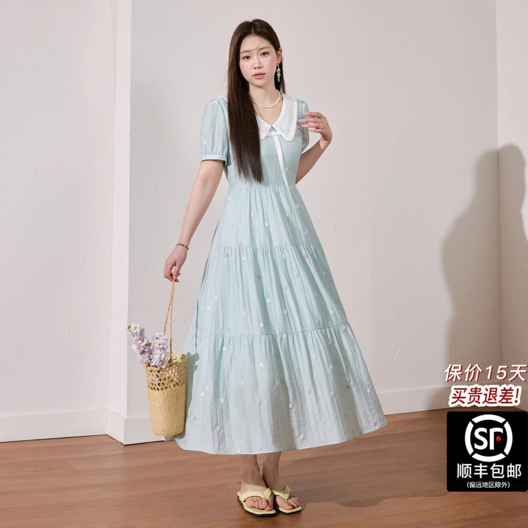 蓝语大码女装甜美连衣裙夏季轻薄透气优雅收腰巨显瘦长裙12170Q