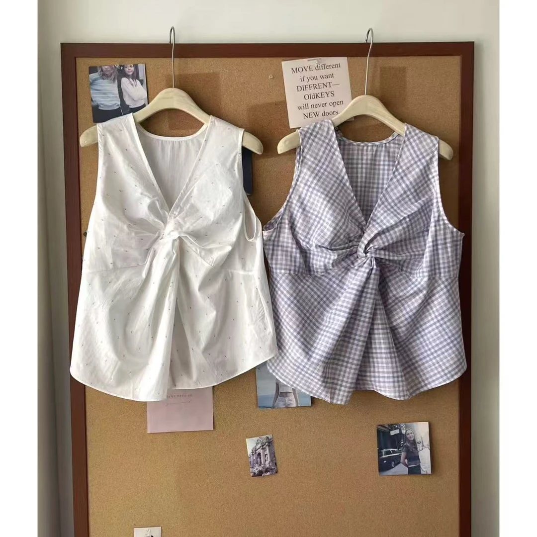 V领定制面料立体扭结无袖背心 微透