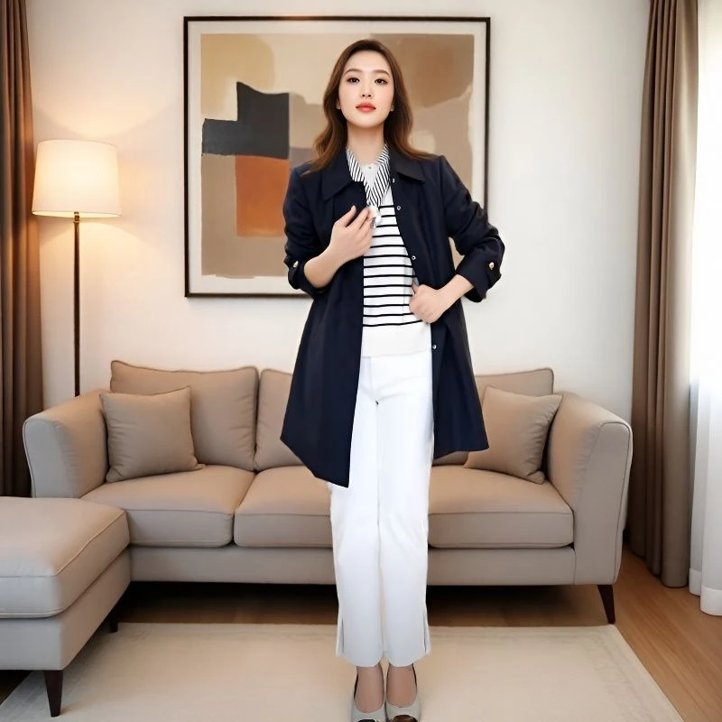 韩版风衣长袖翻领轻职风百搭中长款风衣