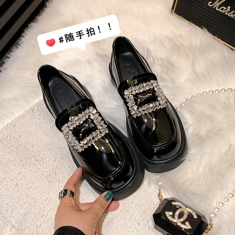 水钻方扣厚底乐福鞋女2025秋冬新款圆头粗跟一脚蹬英伦小皮鞋单鞋