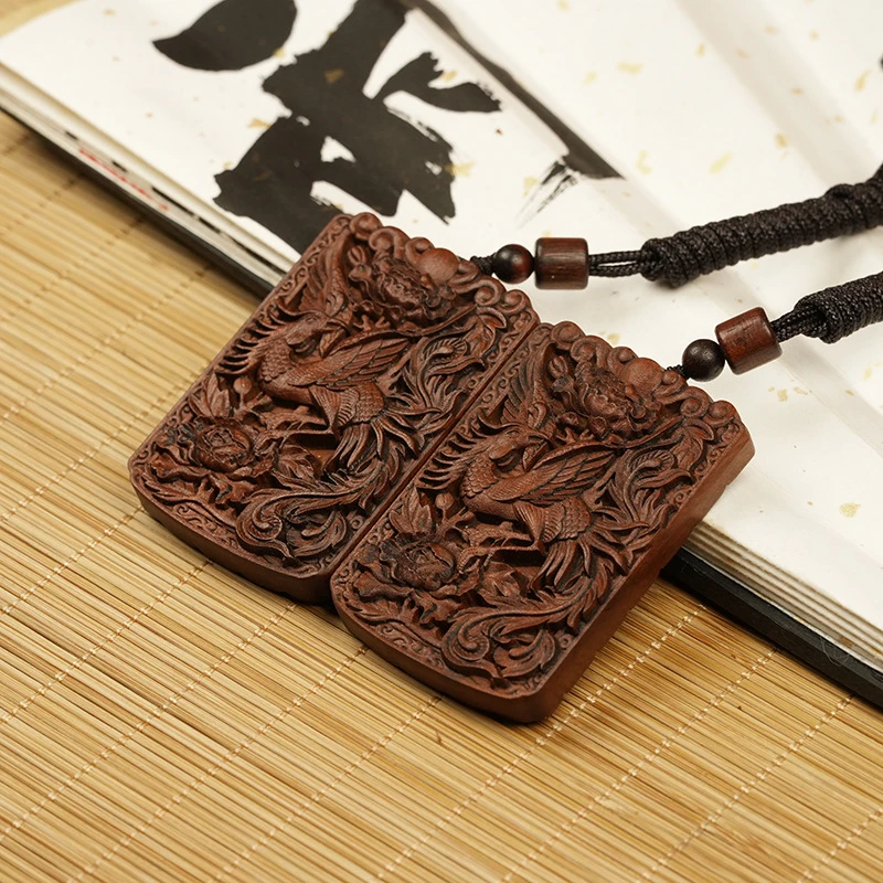 天然雷击枣木朱雀凤牌挂件双面精雕挂坠无事牌饰品雕刻饰品
