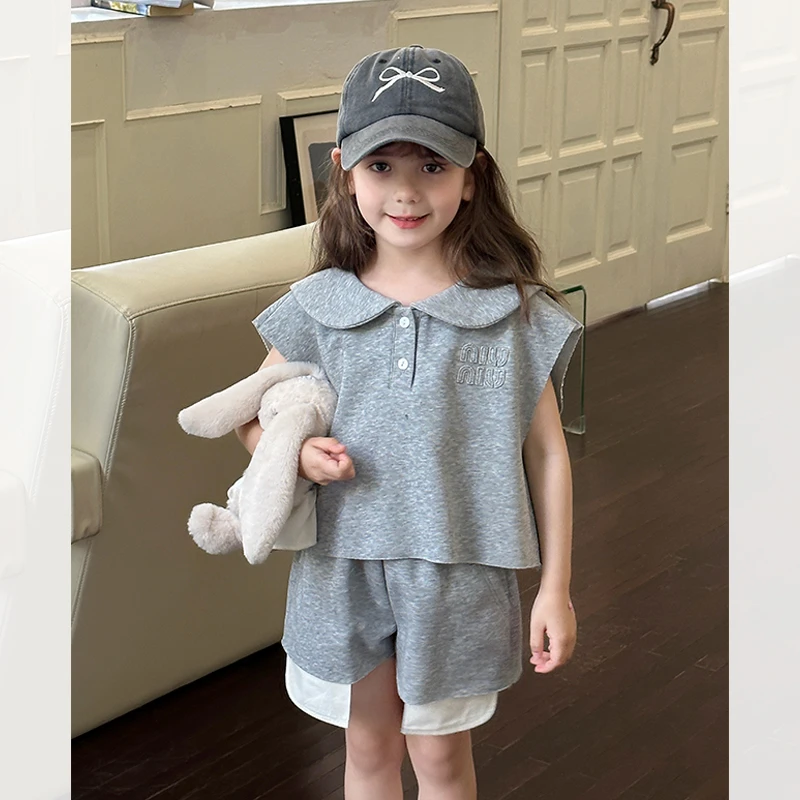 女童韩版洋气翻领背心套装灰色系夏装新款儿童简约休闲短裤两件套