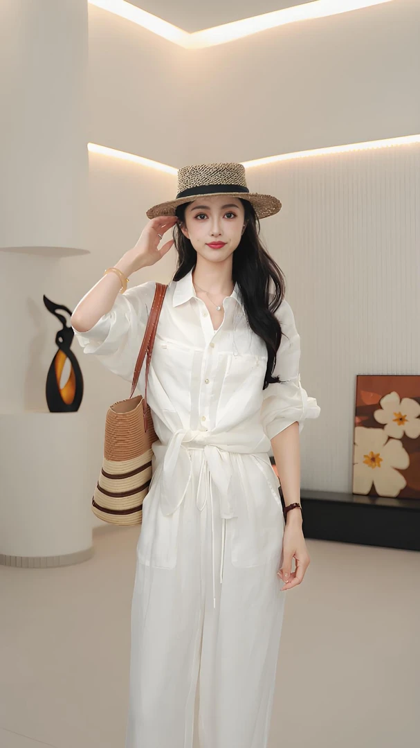 【100苎麻】2025夏季新款设计师气质显瘦上衣高腰时尚宽松长裤酒酒