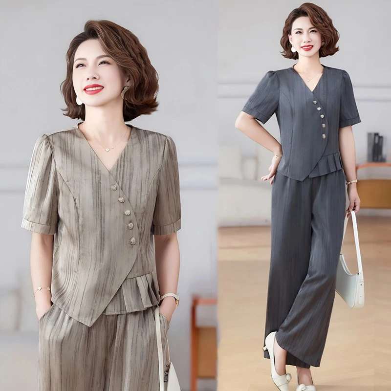 母亲节妈妈夏装时尚套装中老年女装夏季新款短袖上衣阔腿裤两件套