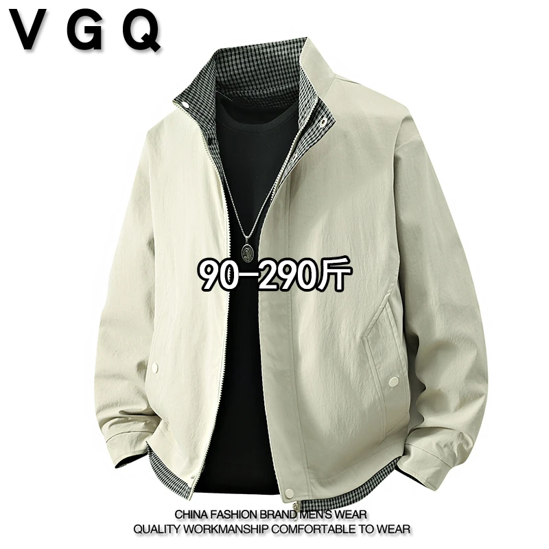 VGQ潮男撞色立领夹克秋季加肥大码宽松百搭工装风休闲外套上衣
