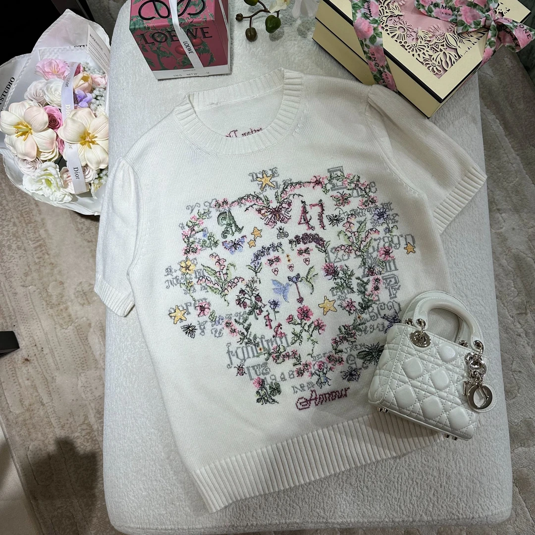 【大大钱】莫奈花园羊毛春季气质千金风刺绣花卉针织衫短袖小衫