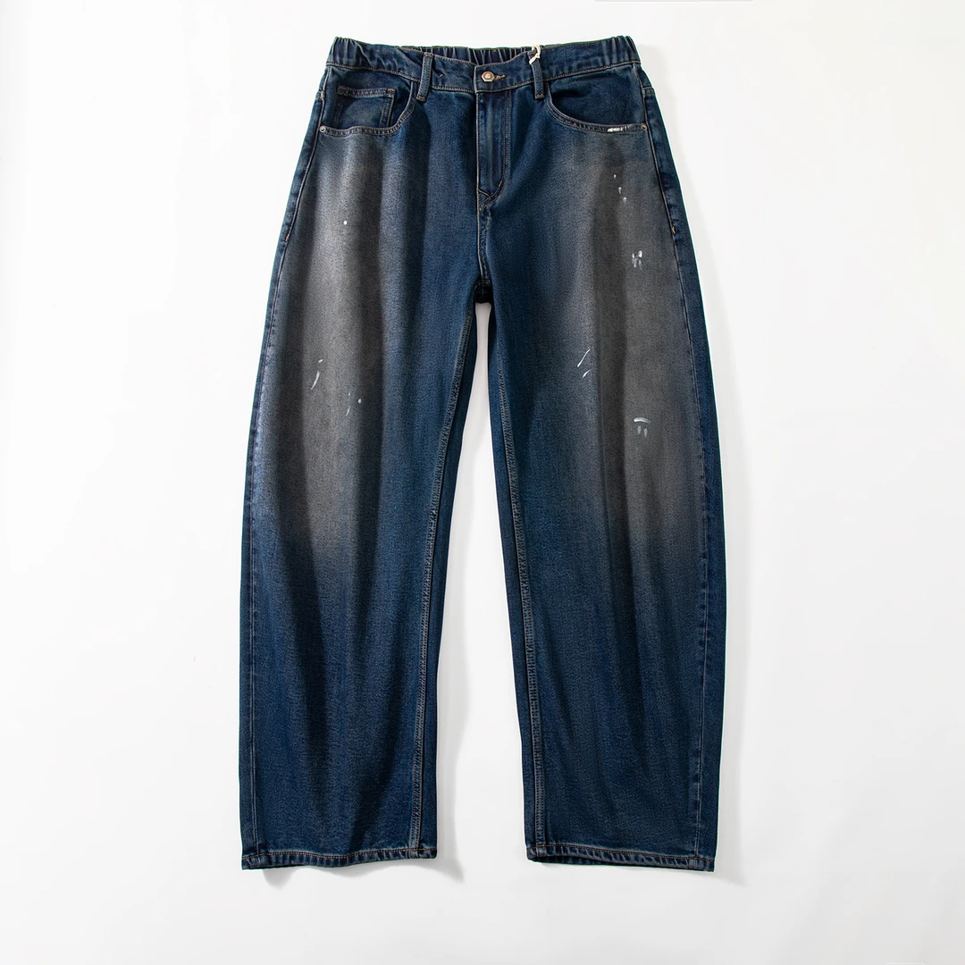 秋冬美式高街泼墨牛仔裤男宽松直筒保暖长裤水洗做旧时尚弯刀裤