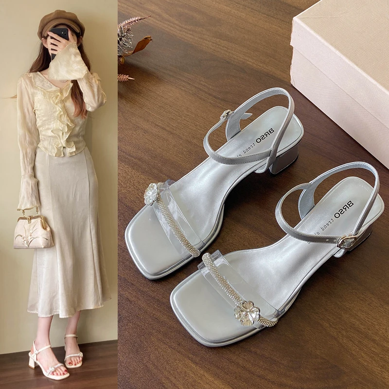 一字带露趾高跟鞋仙女风法式凉鞋女2025新款夏季韩版百搭粗跟软底