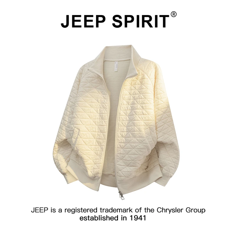 JEEPSPIRIT吉普立领卫衣男士春秋季高级感宽松休闲菱格纹开衫外套