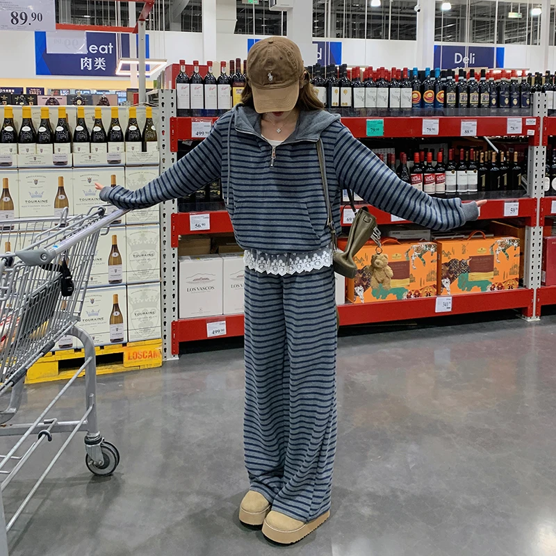 学院风减龄一整套ootd穿搭灰色连帽条纹卫衣阔腿裤两件套休闲套装