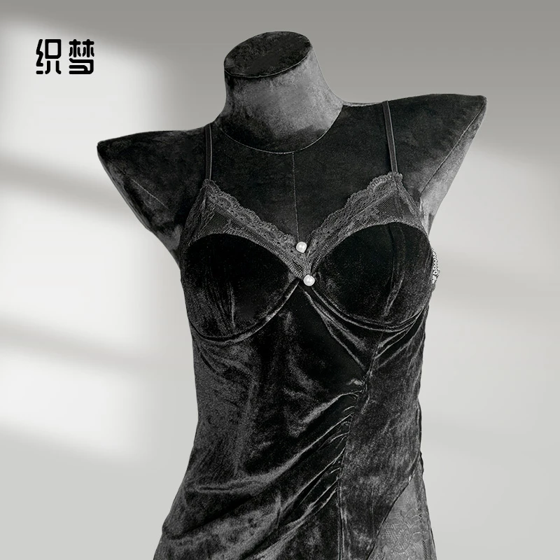 【华贵】丝绒吊带蕾丝高级拼接外袍家居睡裙火辣法式春秋