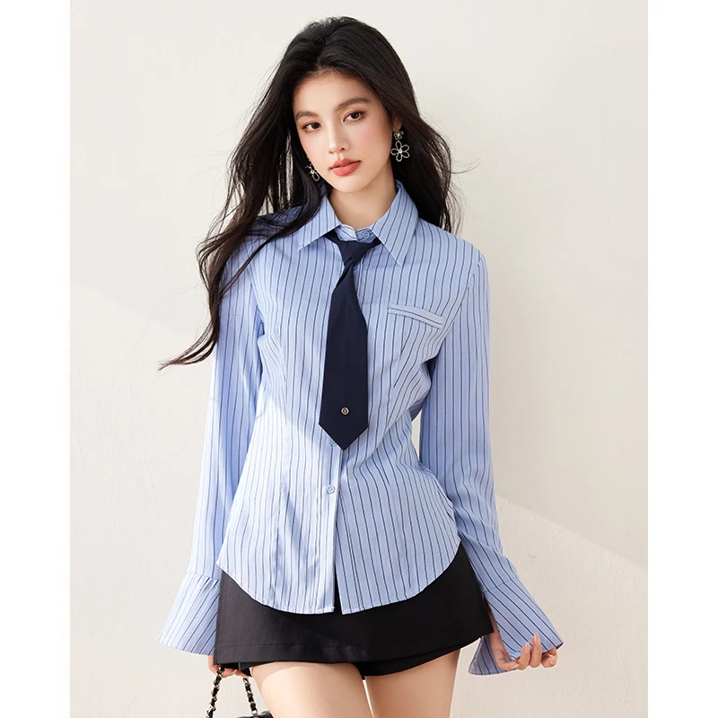 时尚POLO领条纹衬衫女春季新款洋气百搭修身显瘦女士衬衣长袖上衣